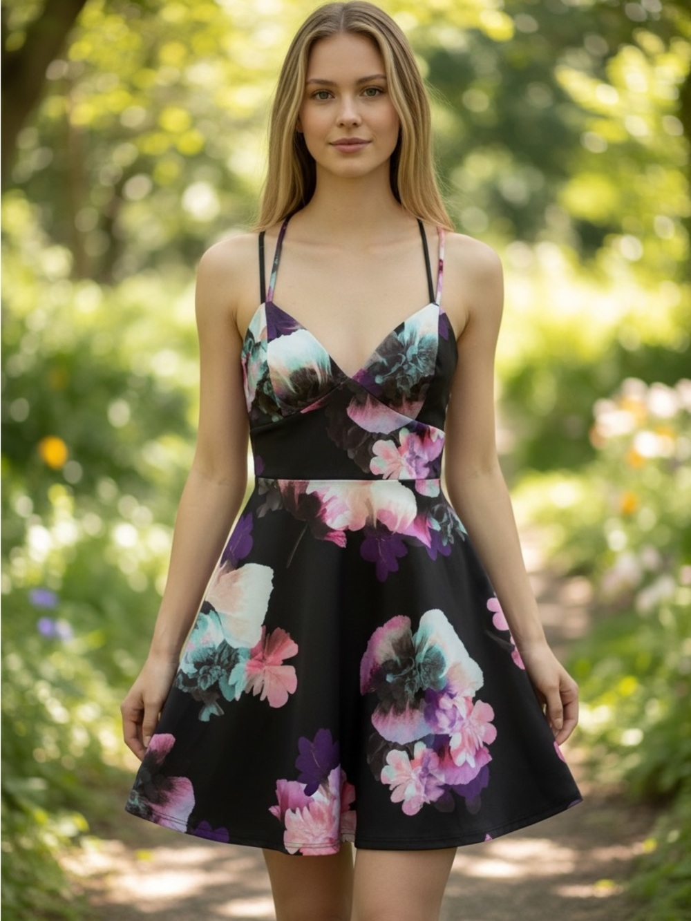 Charlotte Russe Black Mini Dress with Pink & Purple Floral Print